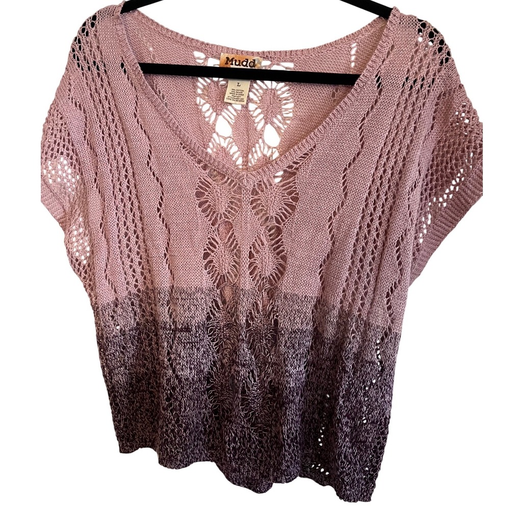 Mudd Pink Purple Ombre Y2K Crochet Open Knit V-Neck Sweater Top Large